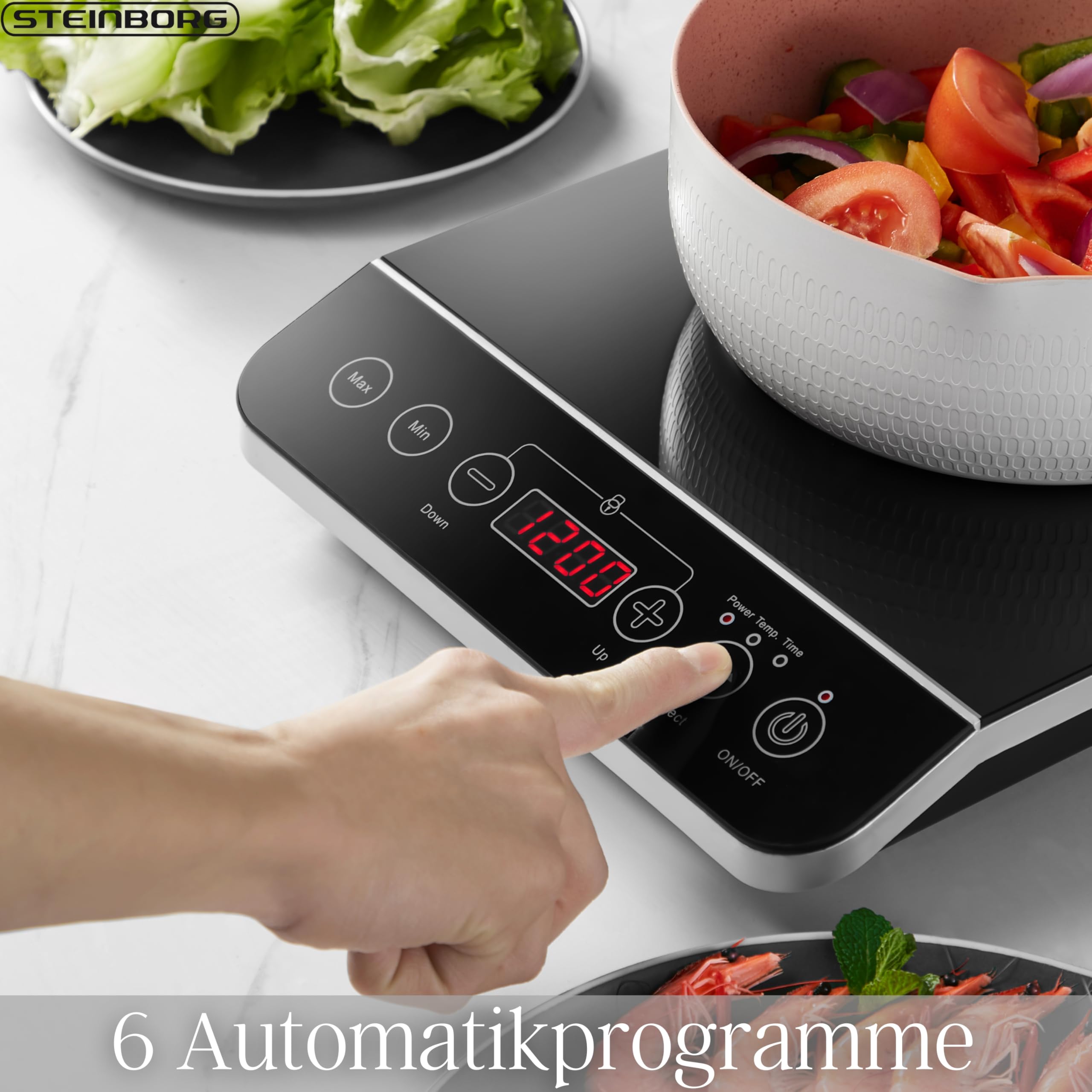 Steinborg® Induktionskochplatte Induktionskochfeld 1 Platte 2000 Watt Automatikprogramme Herdplatte Kochplatte Induktion Induktionsherd Touch Bedienfeld Kindersicherung Induktionsplatte