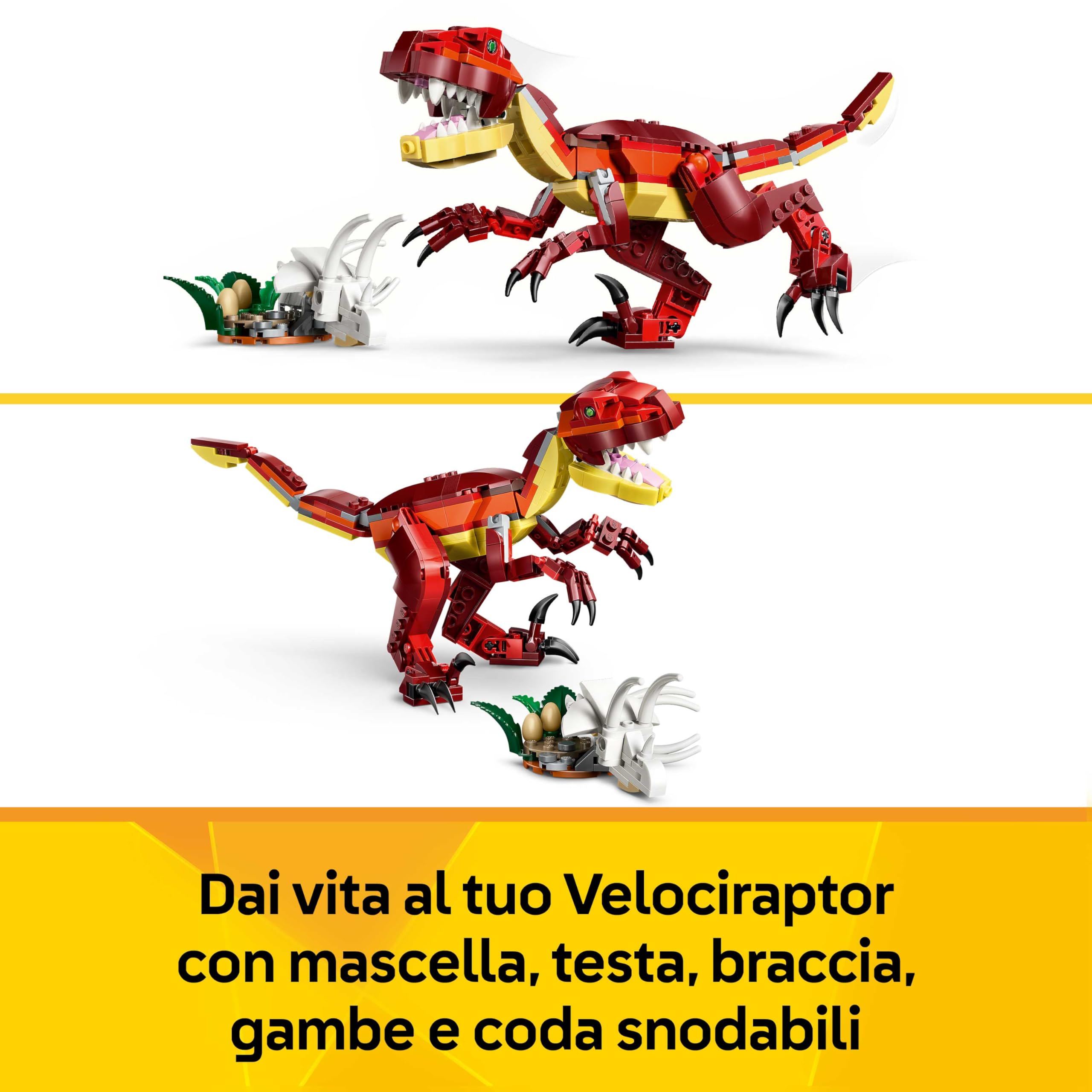 LEGO Creator 3 in 1 Feroce Dinosauro Giocattolo - Figure di Velociraptor, Stegosauro o Pterosauro con Elementi Scheletro e Denti Affilati - Regalo di Compleanno per Bambini e Bambine da 8 Anni - 31379