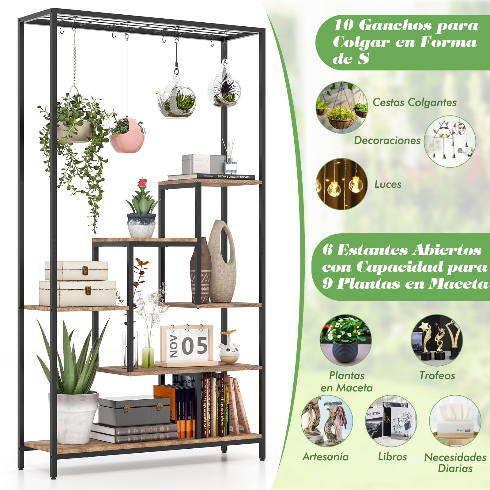 GOPLUS Soporte para Plantas de 6 Niveles, Estante de Exhibición para Macetas con 10 Ganchos para Colgar, Estantería de Metal Vertical Multiuso180 CM para Balcón Salón Interior (Marrón)