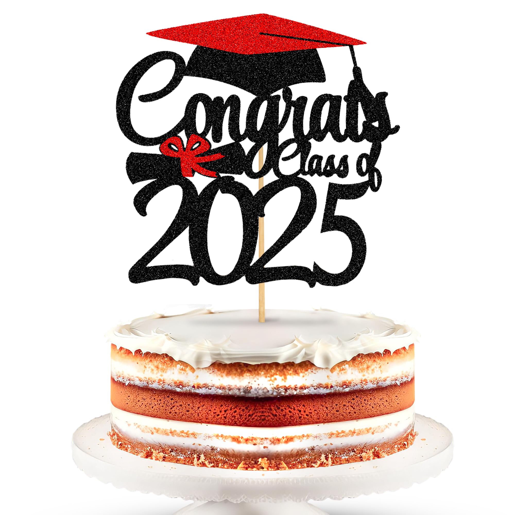 Katchon, Glitter Graduation Cake Topper 2025 - Congrats Grad Cake Topper | 2025 Grad Party Decorations | Grad Dessert Topper Class of 2025, Red and
