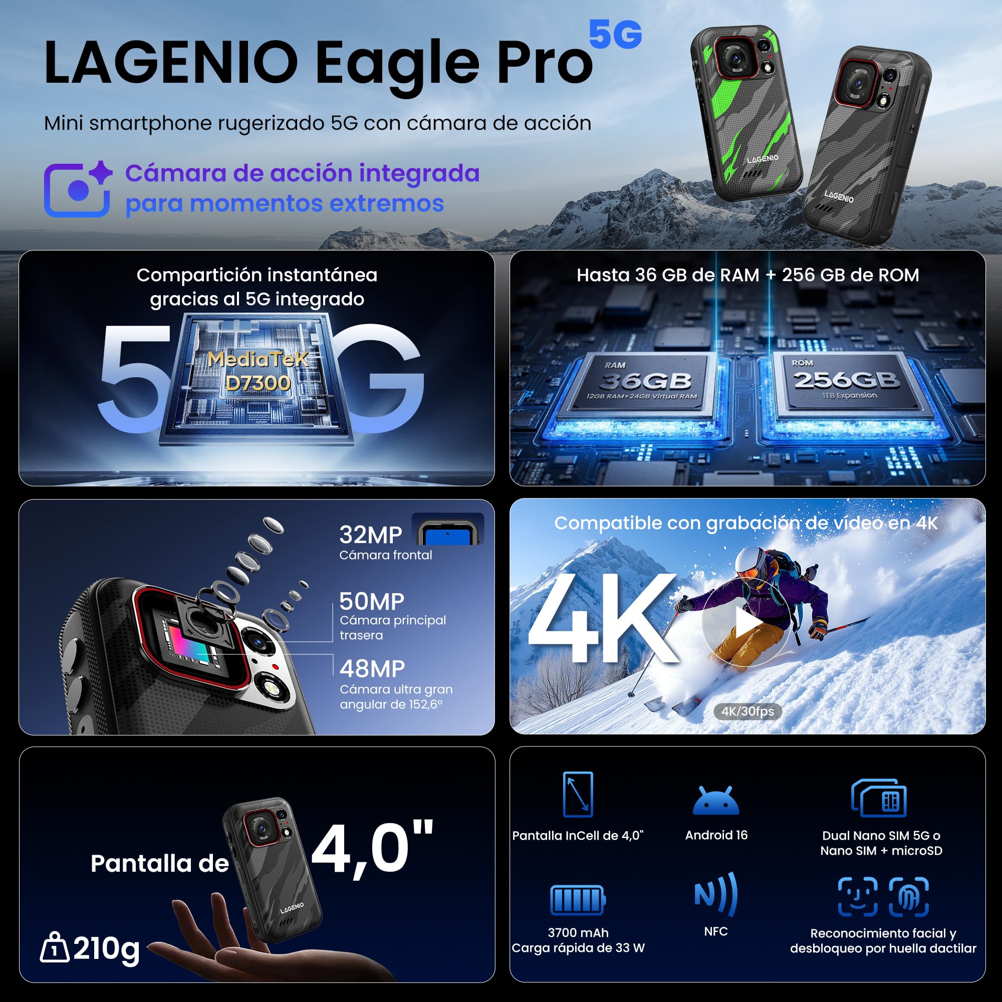 Eagle Pro Mini 5G Móvil Irrompible con Cámara de Acción 4K, Android 16, 32GB+256GB/1TB, Gran Angular 152,6°, Batería 4,5 h, Estabilización, Pantalla 4,0", Dual SIM 5G, NFC, Verde