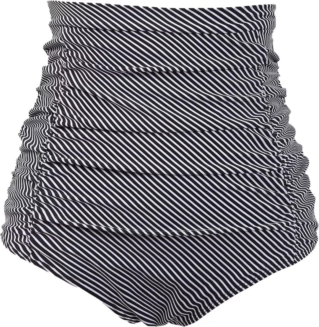 cocopear Women's Ruched High Waisted Bikini Bottom Retro Vintage Swim Short Tankinis (FBA) Black Stripe L/8-10-picture-20
