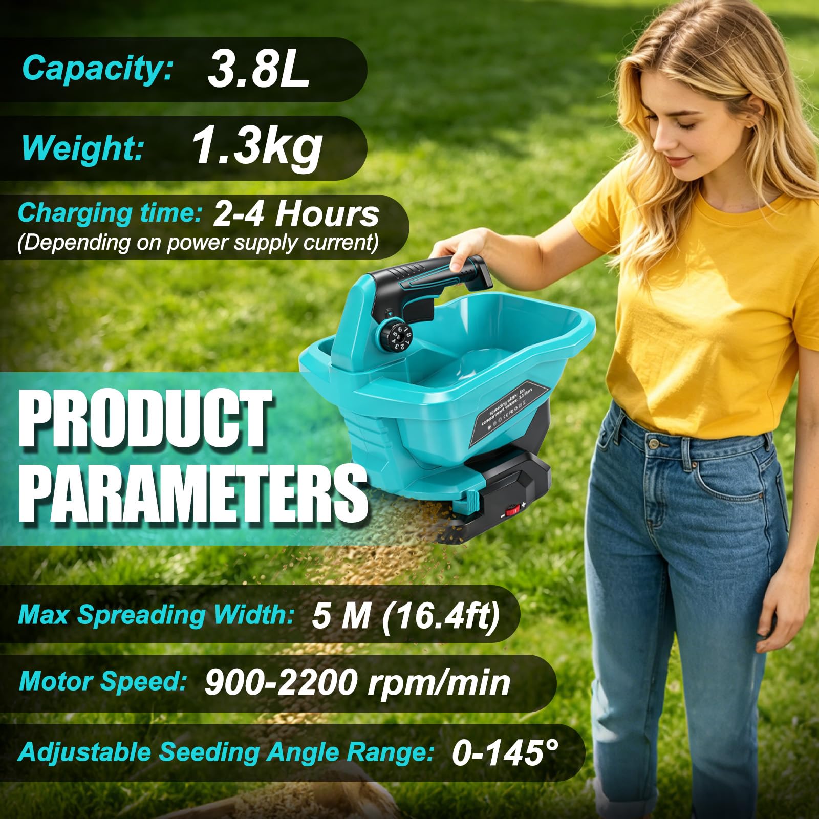 Düngerstreuer für Makita 18V Lithium-Akku, Tragbar Handstreuer mit 6-stufige Drehzahlregulierung, 3,8 L, deckt bis zu 8.000 sq. ft. ab (ohne Akku)