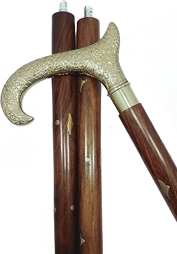 Bastón de madera vintage de 37 pulgadas para senderismo, madera de Sheesham marrón ébano con mango decorado floral para hombres y mujeres - Aheli