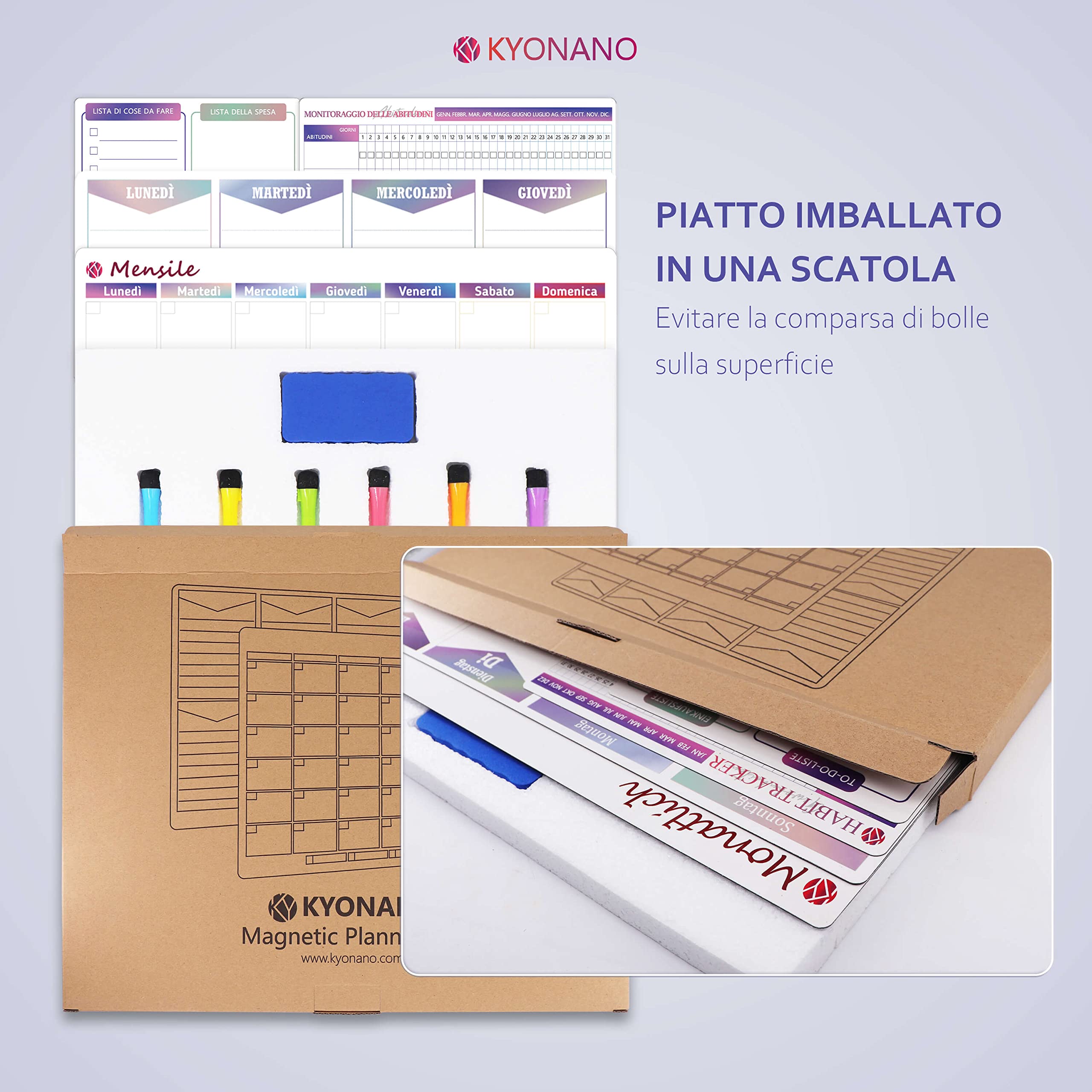 KYONANO Lavagna Calendario Magnetica frigo, incluso Pianificazione la Settimanale&Mensile+Lista delle cose da fare+tracciatore di abitudini, Lavagna Bianca Calendario cancellabile 4 Set - in Italiano