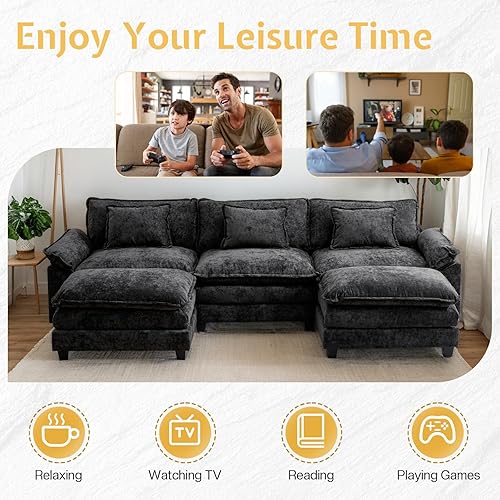 Miniatura 6 de Sofá seccional, sofá modular de nube con otomana, sofás de asiento profundo con almohadas, cómodo sofá biplaza de felpilla para sala de estar,