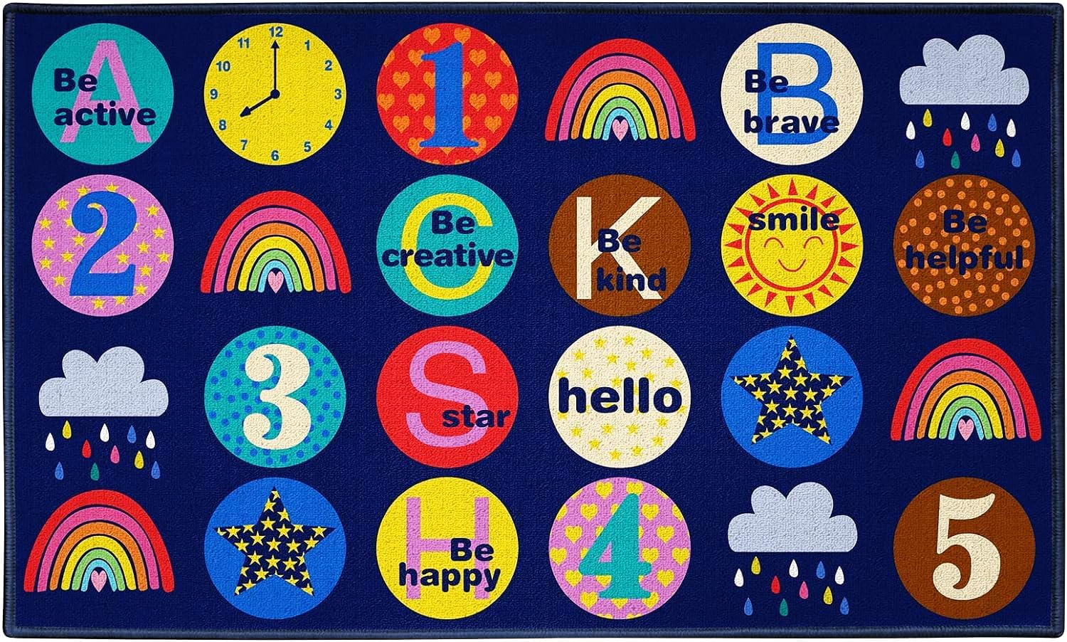 ABCarpet Education Classroom Rug Elementary Classroom Seating Carpet 7'5"x13' with 24 Seats Durable Blue Nursery Learning Rug for Preschool, Daycare,