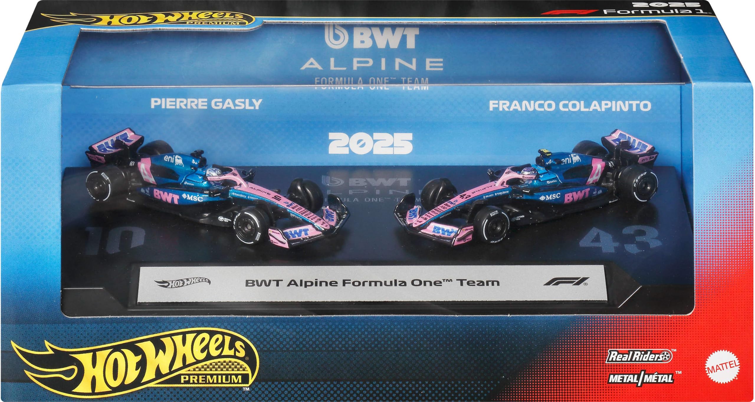 Premium Formula 1 Toy Cars, 2-Pack of 1:64 Scale BWT Alpine Formula One Team Racecars Featuring #10 Pierre Gasly & #43 Franco Colapinto