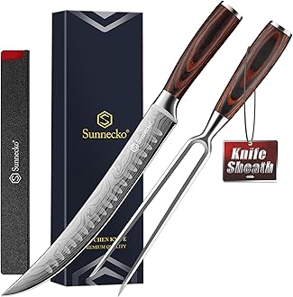 Sunnecko Butcher Knife,Razor Sharp Breaking Knife for Meat Cutting,High Carbon German Steel Carving Knives with Meat Fork