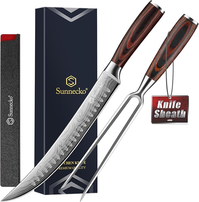Sunnecko butcher-style carving knife and fork with wood handles