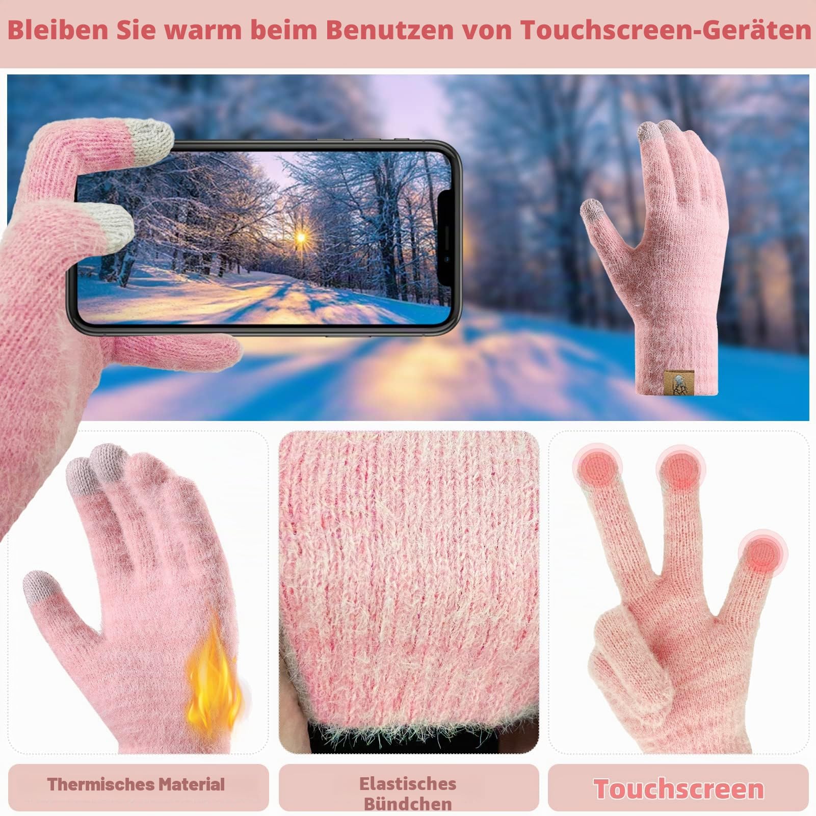 Mütze Schal Set und Handschuhe für Damen Beanie Mütze Winter mit Fleecefutter and Touchscreen Handschuhe Langer Schal 3 in 1 Set