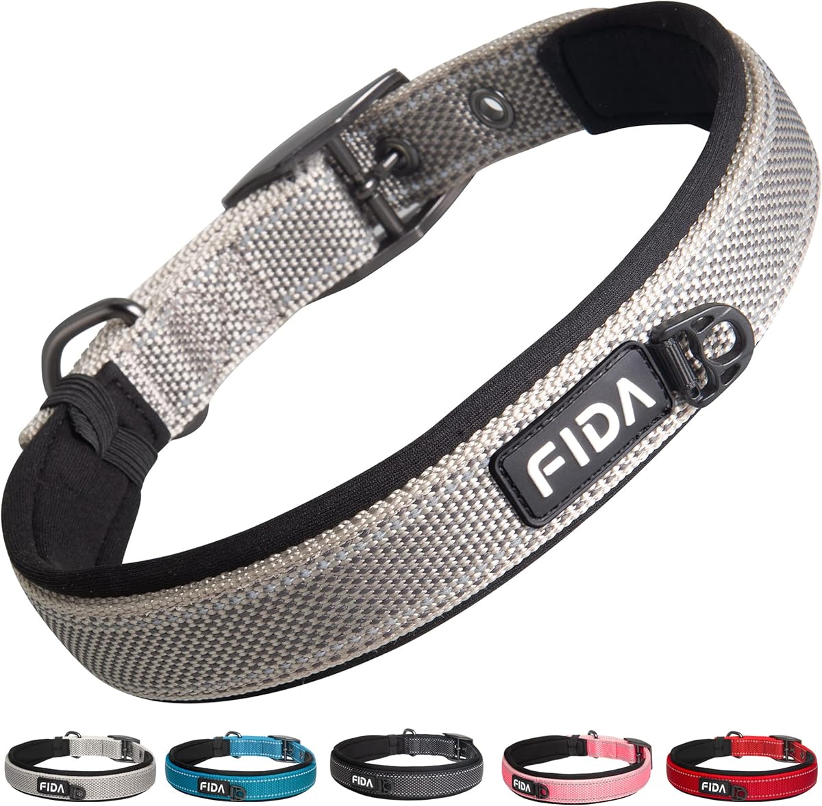 Fida Heavy Duty Dog Collar, Ultra Comfortable Soft Neoprene Padded, Adjustable Reflective Nylon Pet Collar with Durable Metal Belt Buckle for Medium Breeds (M, Grey)