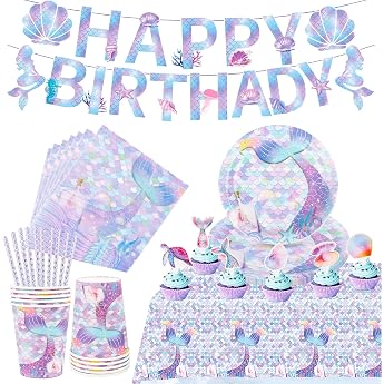 AKONE Mermaid Party Tableware Set 62 Pieces Mermaid Birthday Decoration for Children Children's Birthday Party Tableware Paper Plates Cups Napkins Tablecloths and Birthday Banner