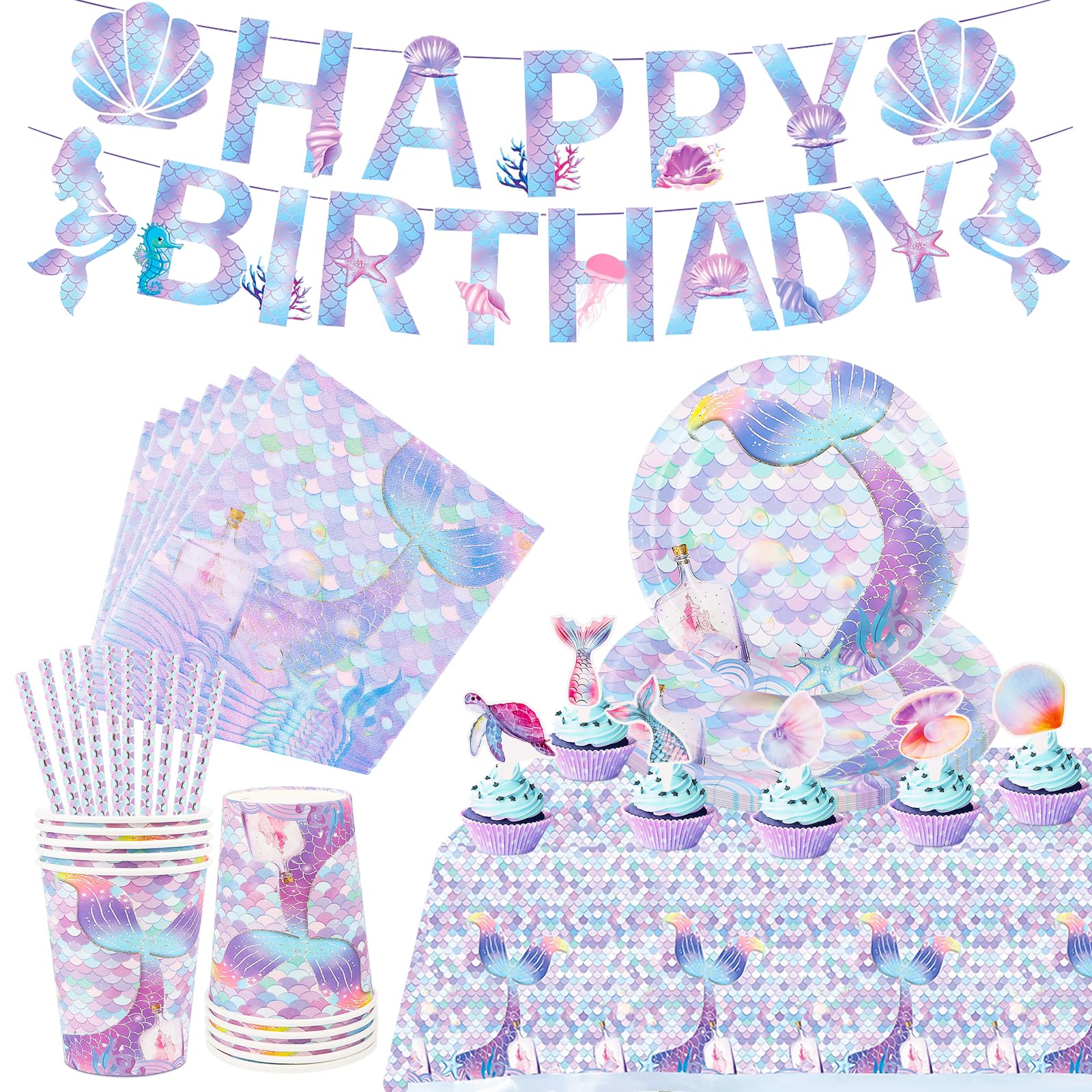 36 Pièces Assiettes De Fête Sirène Tasses Assiettes En Carton Vaisselle