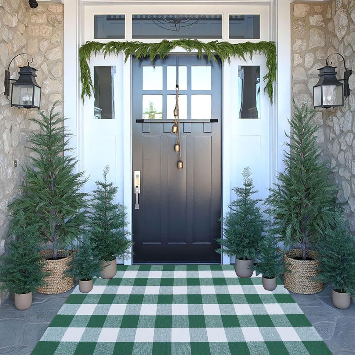 Christmas Outdoor Mat Buffalo Plaid Christmas Decor Rug Cotton Hand-Woven Layered Door Mats Washable Carpet for Front Porch, Kitchen, Farmhouse, Entryway 3' x 5' (Rectangular) Green and White Plaid