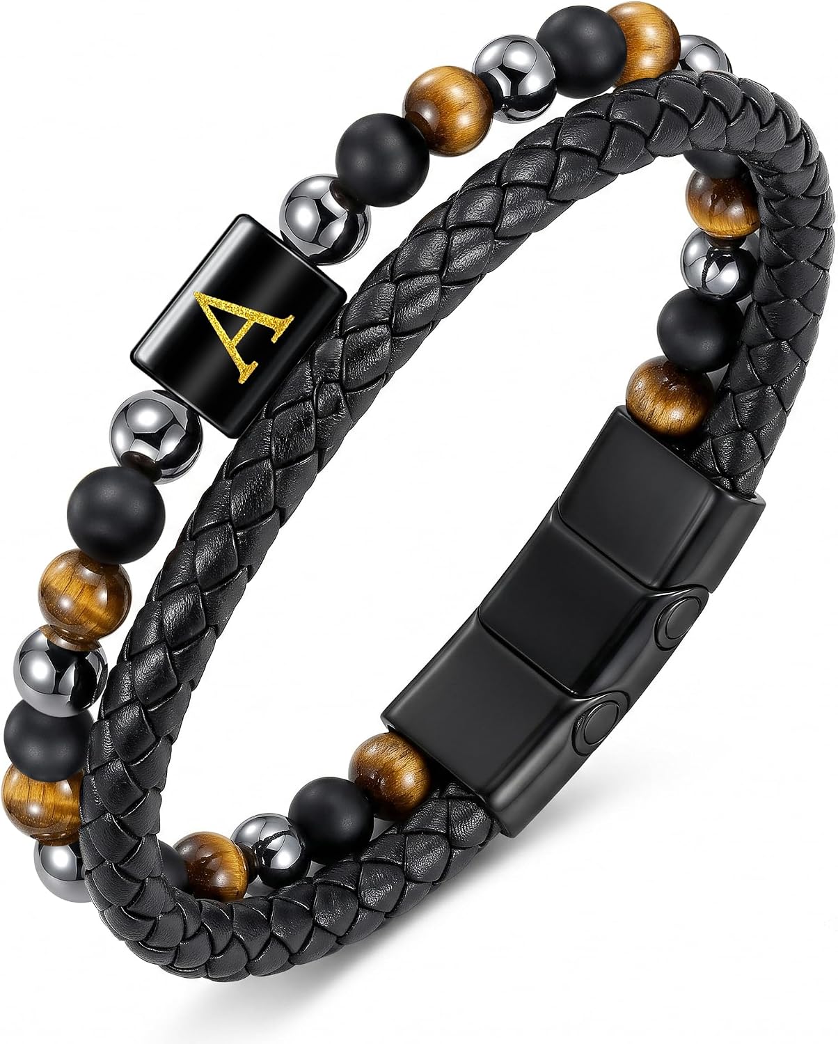 Leather Mens Bracelet Initial Bracelets for Men Gifts for Men | Leather Bracelets for Men,Initial Bracelet,Mens Beaded Bracelet,Birthday Gifts for Husband Boyfriend Son