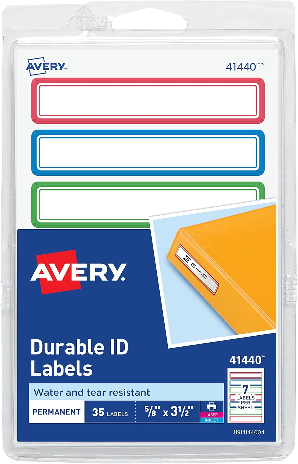 Avery(R) Durable Labels for Kids' Gear, 5/8" x 3-1/2", Assorted Border Colors, Water-Resistant Labels, 35 Rectangle Labels Total (41440)
