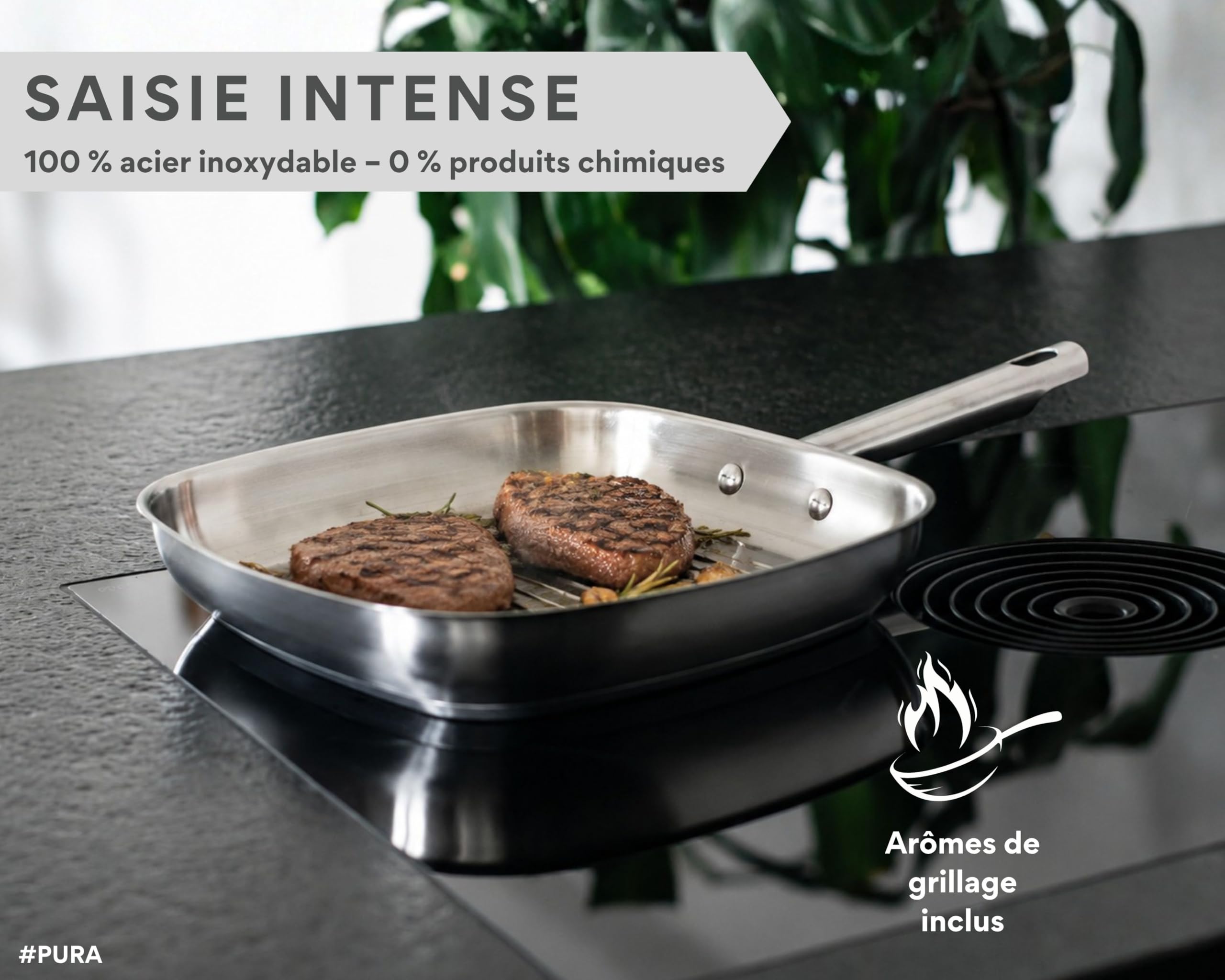 DIVORY Poêle Grill PURA 28 x 28 cm, Acier Inoxydable Sans Revêtement | Induction, Compatible Four et Tous Feux, Sans PTFE ni PFOA, Poêle à Steak