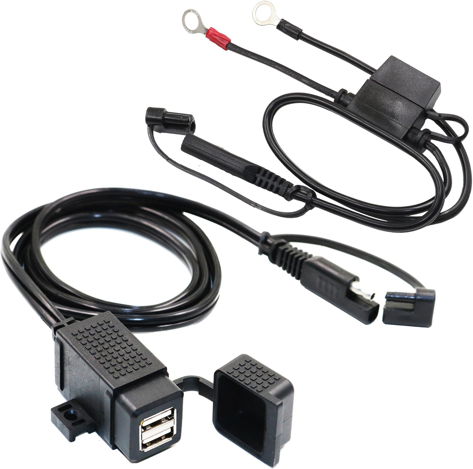 MP0609EA 3.1Amp Waterproof Motorcycle Dual USB Charger Kit SAE to USB Adapter Cable Phone Tablet GPS Charger with SAE Ring Terminal Cable Harness
