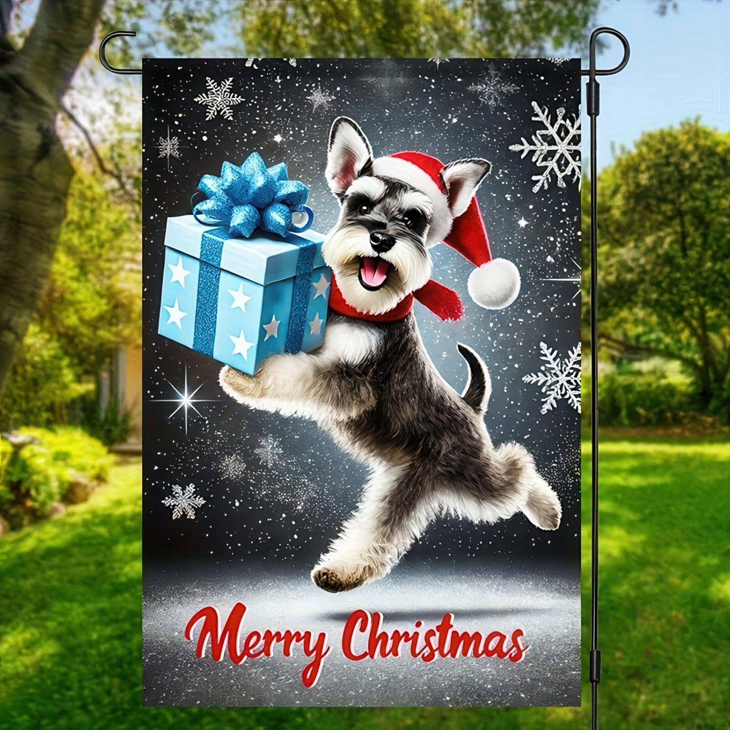 Christmas Schnauzer Garden Flag 12x18 Double Sided Cute Schnauzer Dog with Gift Merry Christmas Yard Flag Winter Outdoor Garden Decor Snowflakes Lawn Porch Patio Holiday Banner - Image 7