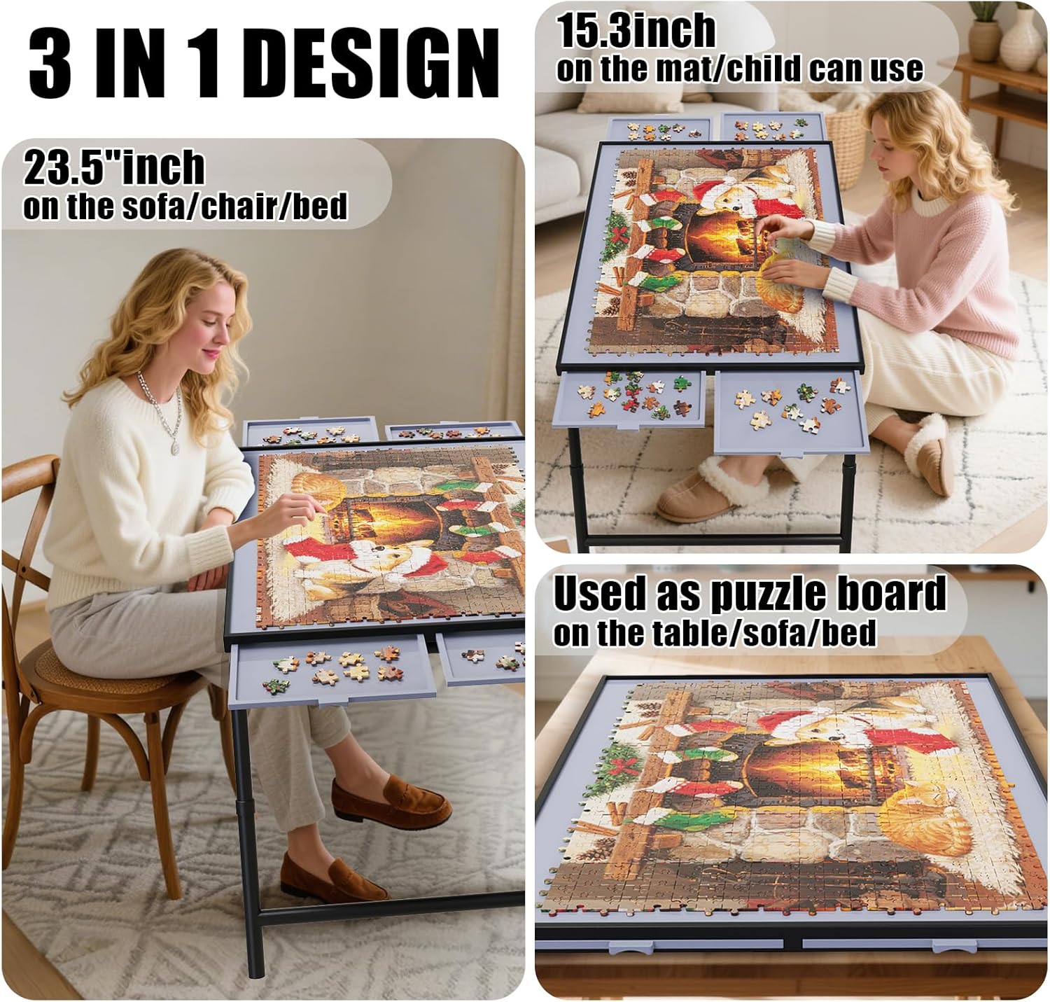 Puzzle Table with Drawers Adjustable Height 1500pcs,Foldable for Storage 3 in 1 Jigsaw Puzzle Table with Legs,Puzzle Tables for Adults with Drawers
