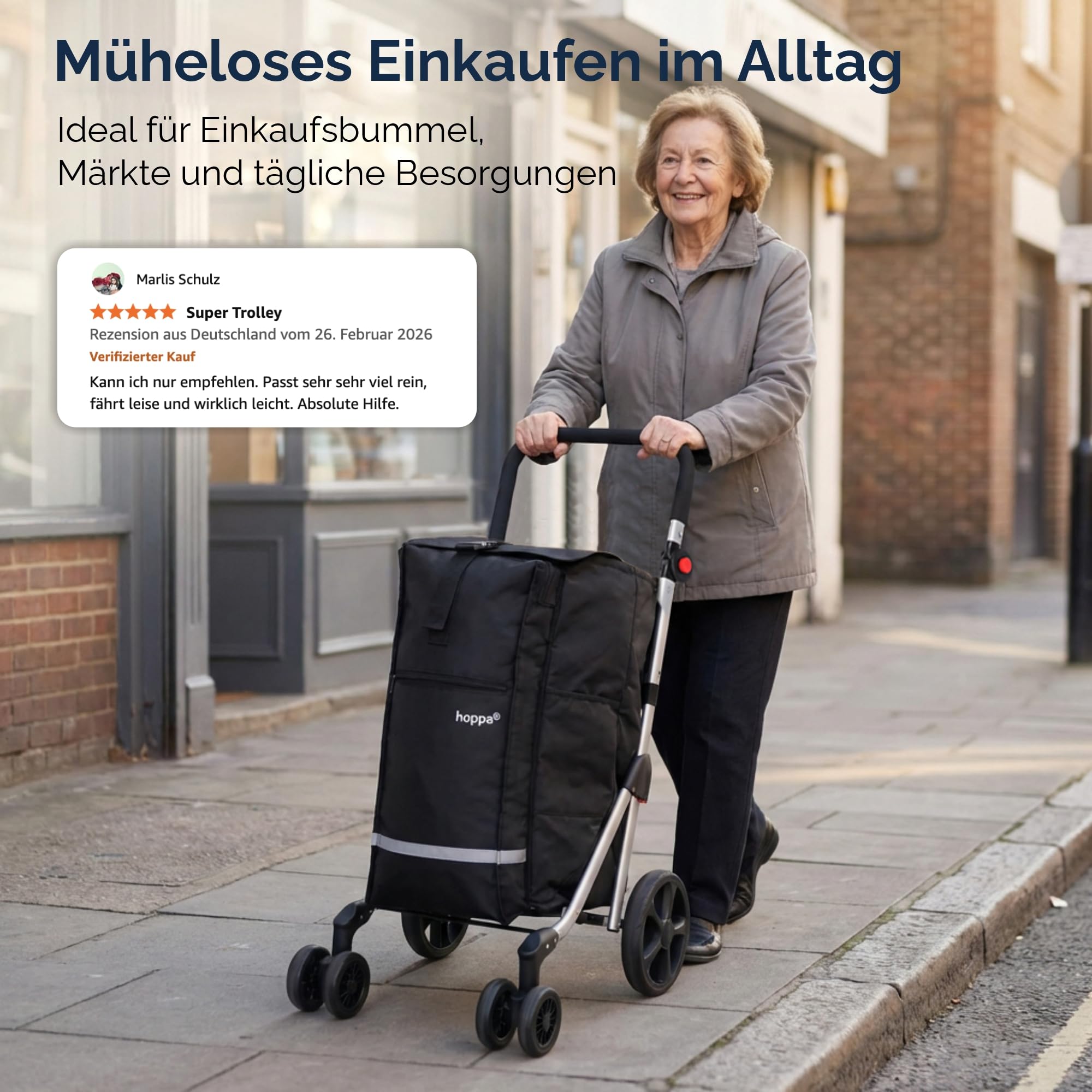 Hoppa 74L Klappbarer Einkaufstrolley, 6 Räder, Push/Pull | Große Kapazität, 6 Räder, 5 Taschen, Robust & Wasserdicht, Leicht, Klappbar, Für täglichen Gebrauch, Einkaufswagen