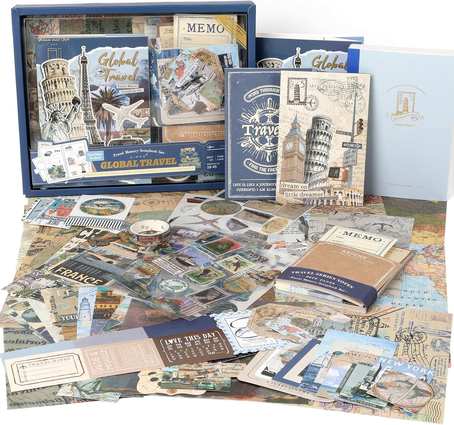 VIBE VISTA Vintage Aesthetic Scrapbook Kit, 346 Pcs, A6 Grid Notebook, Washi, Envelopes, Scrapbook Papers, Folding Labels, Background Papers, Photo Frames, Calendar Stickers, Stickers (Global Travel)