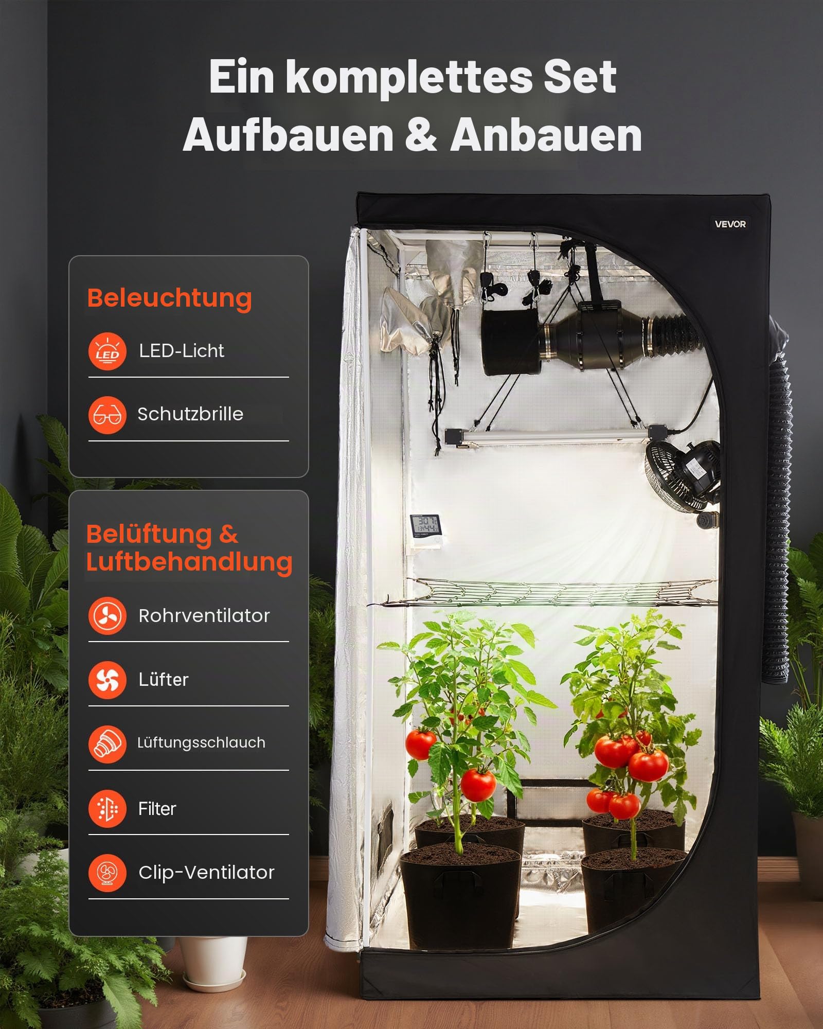 VEVOR Growzelt-Set, 100x100x200 cm, Gewächshauszelt mit Vollspektrum-LED-Zuchtlicht & Belüftungssystem, Pflanzenzelt 600D hochreflektierendes Mylar, Anzuchtzelte für Blumen und Gemüse