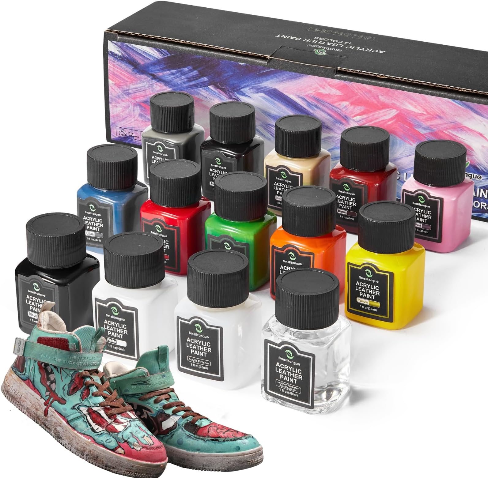 Acrylic Leather Paint, 14 Colors(30ML), for Shoes, Sneaker, Couches, Bags | With preparation and Deglazer and Finisher, Safety material, Odorless