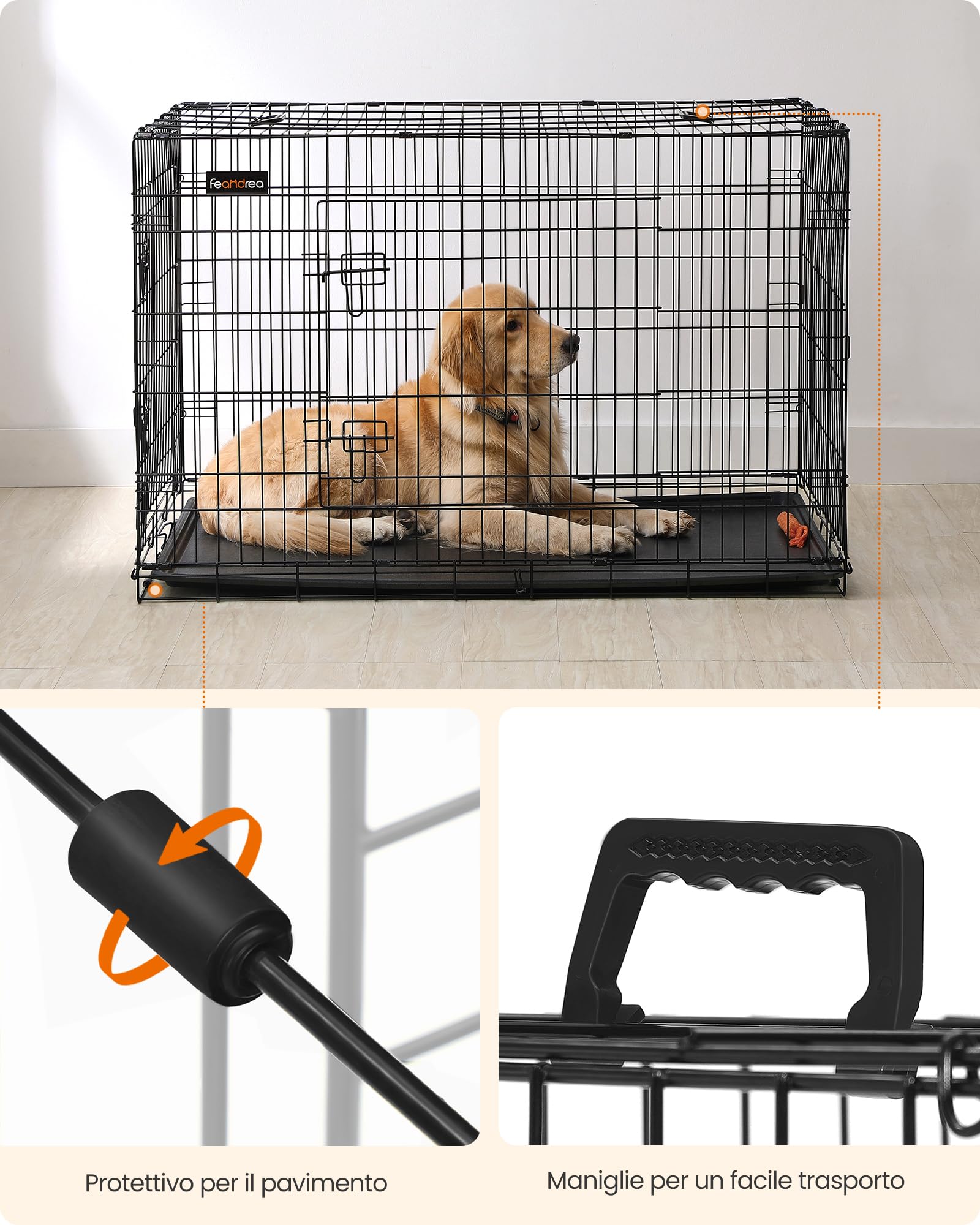 Feandrea Gabbia per Cani Pieghevole, con 2 Porte, Vassoio Rimovibile, 122 x 74,5 x 80,5 cm, XXL, Nero PPD48H