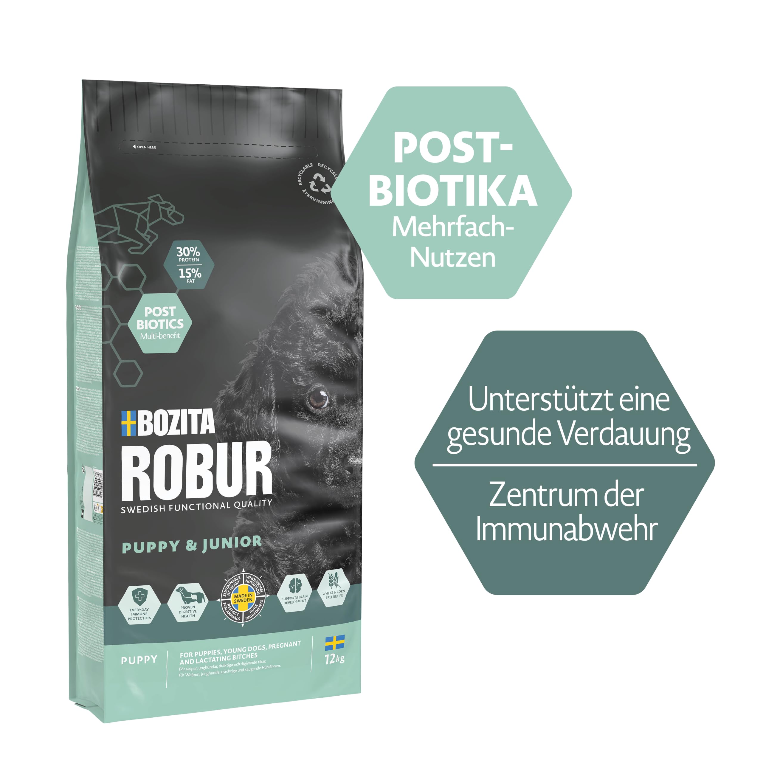 Bozita ROBUR Puppy & Junior Huhn 12kg - Welpenfutter Trockenfutter mit hoher Akzeptanz, Postbiotika ohne Weizen für kleine bis mittelgroße Rassen