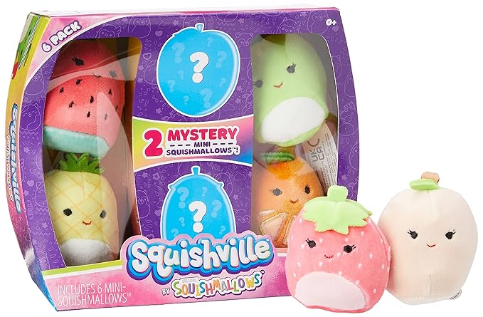 Squishville Squishmallows Mystery Mini Plush Fruit Squad, Six 2” Soft Minimallow Fruit Plush, Irresistibly Soft Colourful Fruits, Mini Peach, Pineapple, and Watermelon Squishmallows