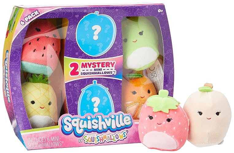Squishville Squishmallows Mystery Mini Plush Fruit Squad, Seis Mini Squishmallows de 2” Suave Minimallow de Frutas, Inresistiblemente Suave Frutas Coloridas, Mini Squishmallows de Melocotón, Piña y Sandía