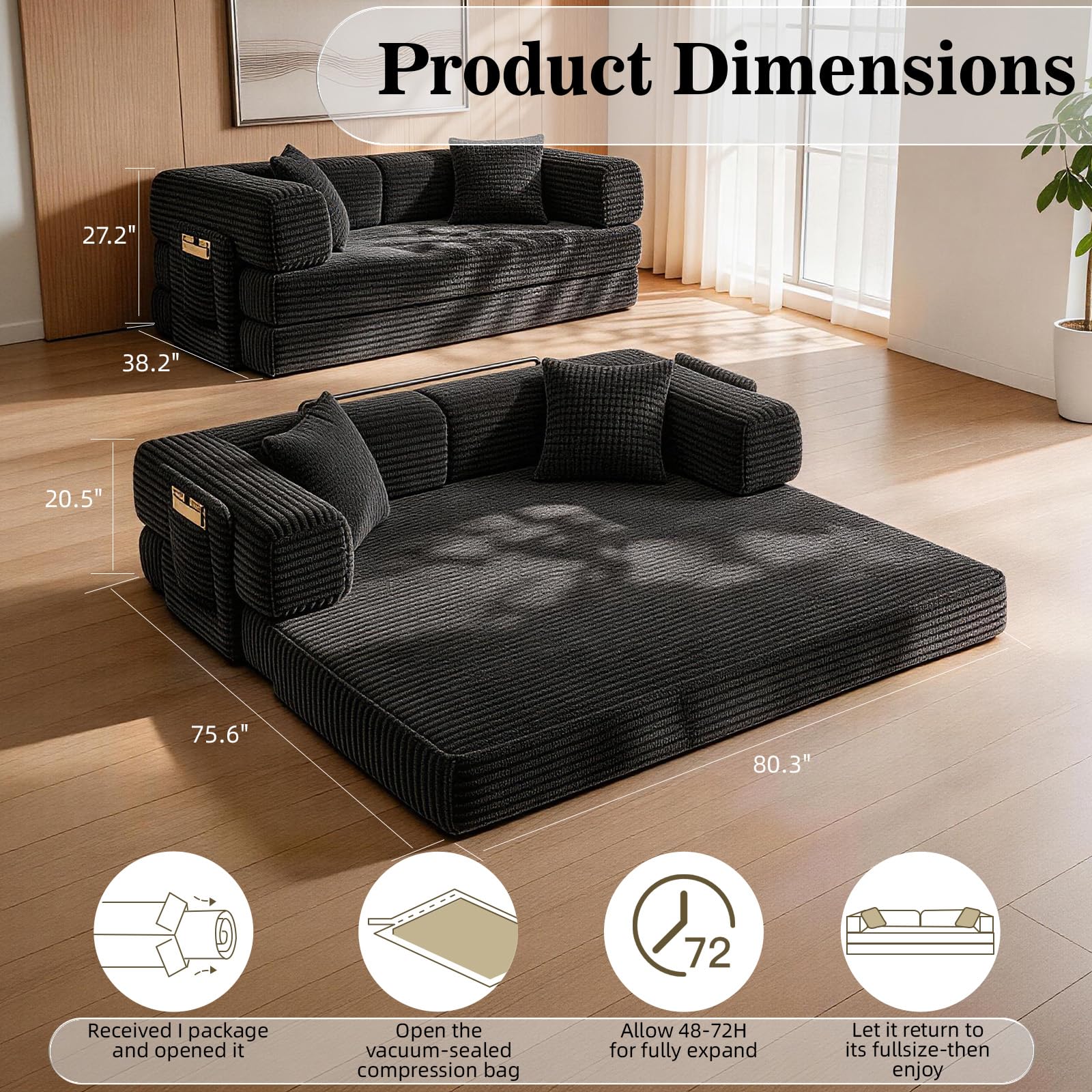 AUGOP Futon Sofa Bed Boneless Couch for Living Room,Pull Out Couch with Sleeper Sofa,Day Bed Couch with Storage Pocket,Removable Corduroy with 2 Pillow