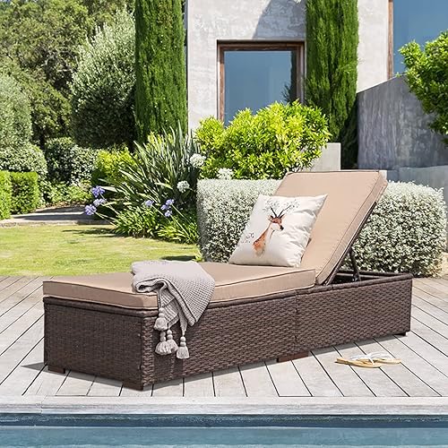 JOIVI Tumbona para exteriores, sillas de mimbre para patio, piscina, tumbona reclinable de ratán con respaldo ajustable y cojín extraíble (gris