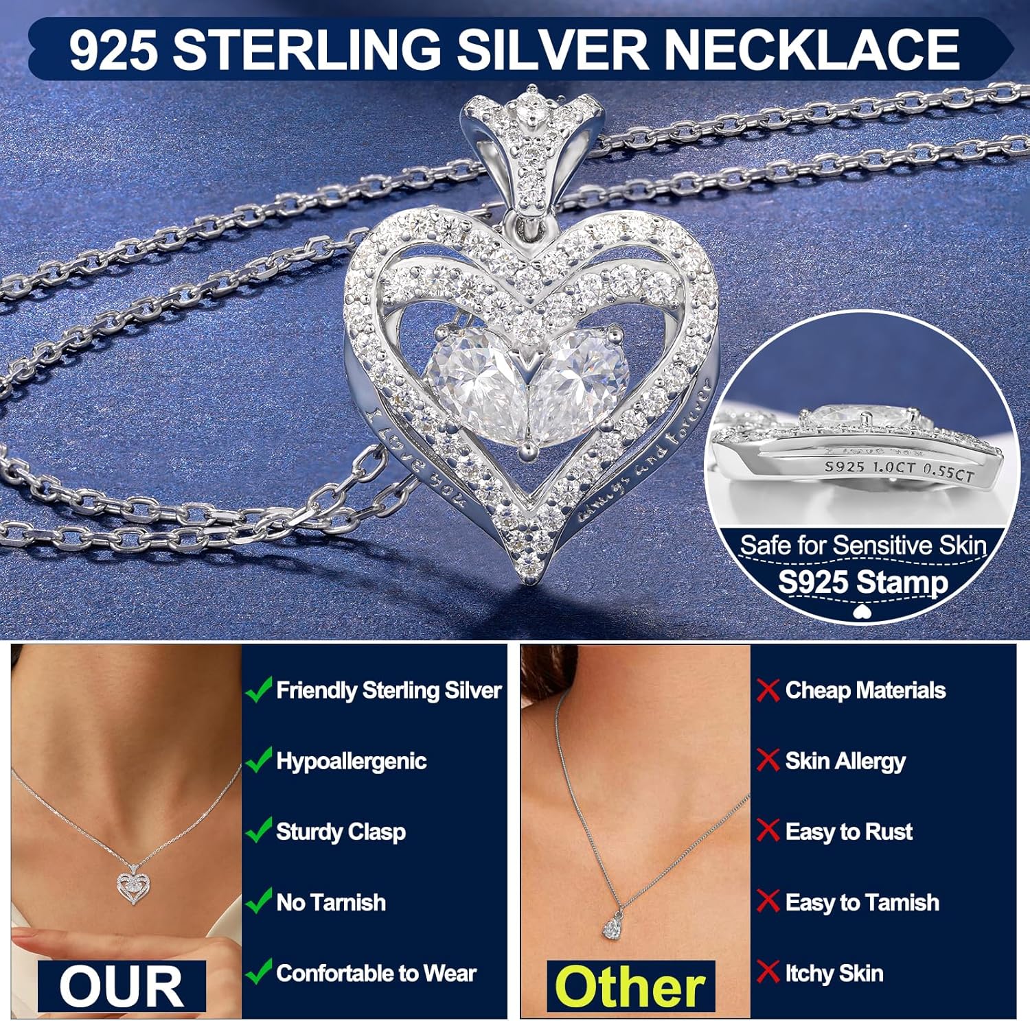 Moissanite Heart Necklace Gifts for Women, Engraved 'I LOVE YOU' Gift for Her, 18K Gold Vermeil 925 Sterling Silver Eternity Love Jewelry Gifts for Valentines, Anniversary, Birthday, Wedding - Image 3