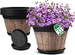 Quarut 4 Pack13 inch Large Plastic Plant Pots Set,Whiskey Barrel Planters with Drainage Holes & Saucer,Flower Pots Imitation Wine Barrel Design for Indoor & Outdoor Garden Balcony Plants