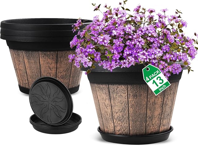 Quarut 4 Pack13 inch Large Plastic Plant Pots Set,Whiskey Barrel Planters with Drainage Holes & Saucer,Flower Pots Imitation Wine Barrel Design for Indoor & Outdoor Garden Balcony Plants