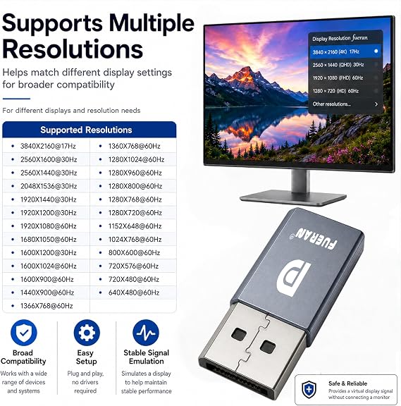 DP Dummy Plug Display Emulator-DisplayPort Headless Ghost Display EDID Emulator,Virtual Display Adapter4K(fit Headless 1920x1080@60Hz/2560x1600@30Hz/3840x2160@17hz) (DP-2K-30Hz-1P)
