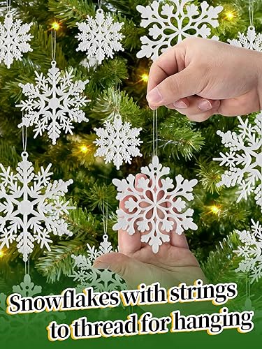 Miniatura 5 de 36 copos de nieve navideños de terciopelo, copos de nieve surtidos de doble cara con cuerdas para colgar, adornos de copo de nieve blancos para