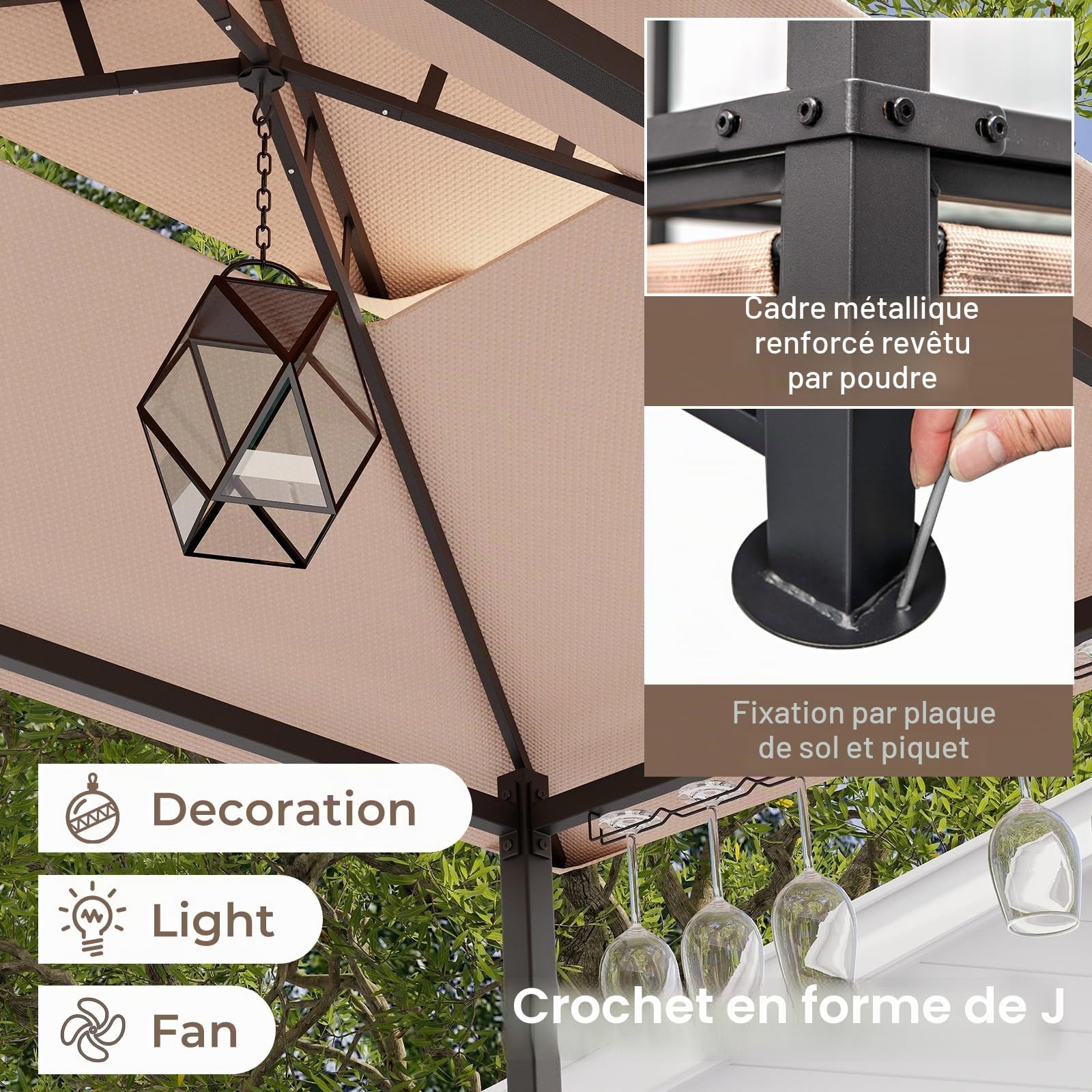HOMASIS Gazebo pour Barbecue avec Banc de Bar et 2 Tabourets, Tonnelle Extérieure Résistante avec Double Toit, Pergola Résistante à la Pluie et au Feu (Marron, 194 x 121 x 242 cm)