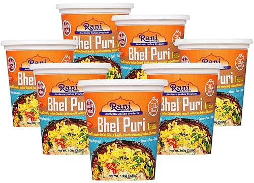 Rani Bhel Puri Taza (bocadillo indio picante y crujiente con deliciosos chutneys indios de la boca) 3.5 oz (100 g), paquete de 6+1 GRATIS Listo