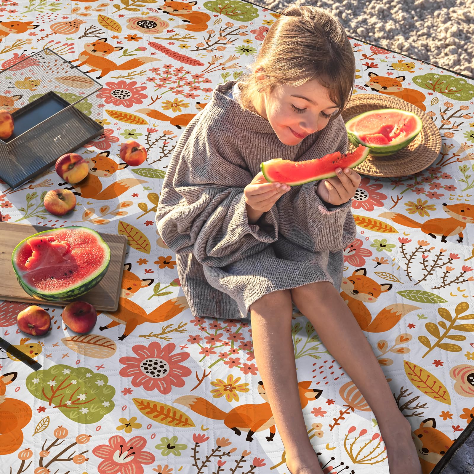 Animal Manta Picnic Impermeable 200 x 200 CM, Manta de Playa Portátil Lavable a Máquina, Alfombras de Picnic Ligero para Parque Jardín Barbacoa, Zorros