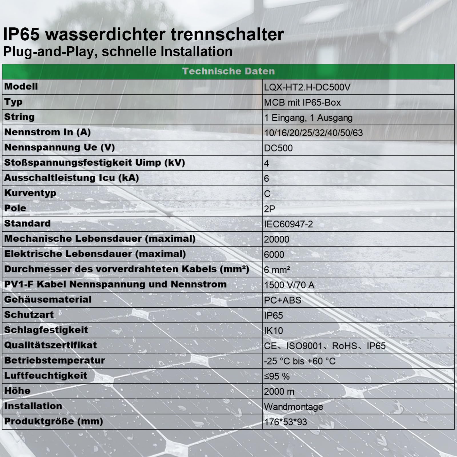 DC Trennschalter PV Anlage 32A 500V Sicherungsautomat 2polig IP65 Wasserdicht mit Kabel und Haken für Solarmodule Einspeisesteckdose Balkonkraftwerk