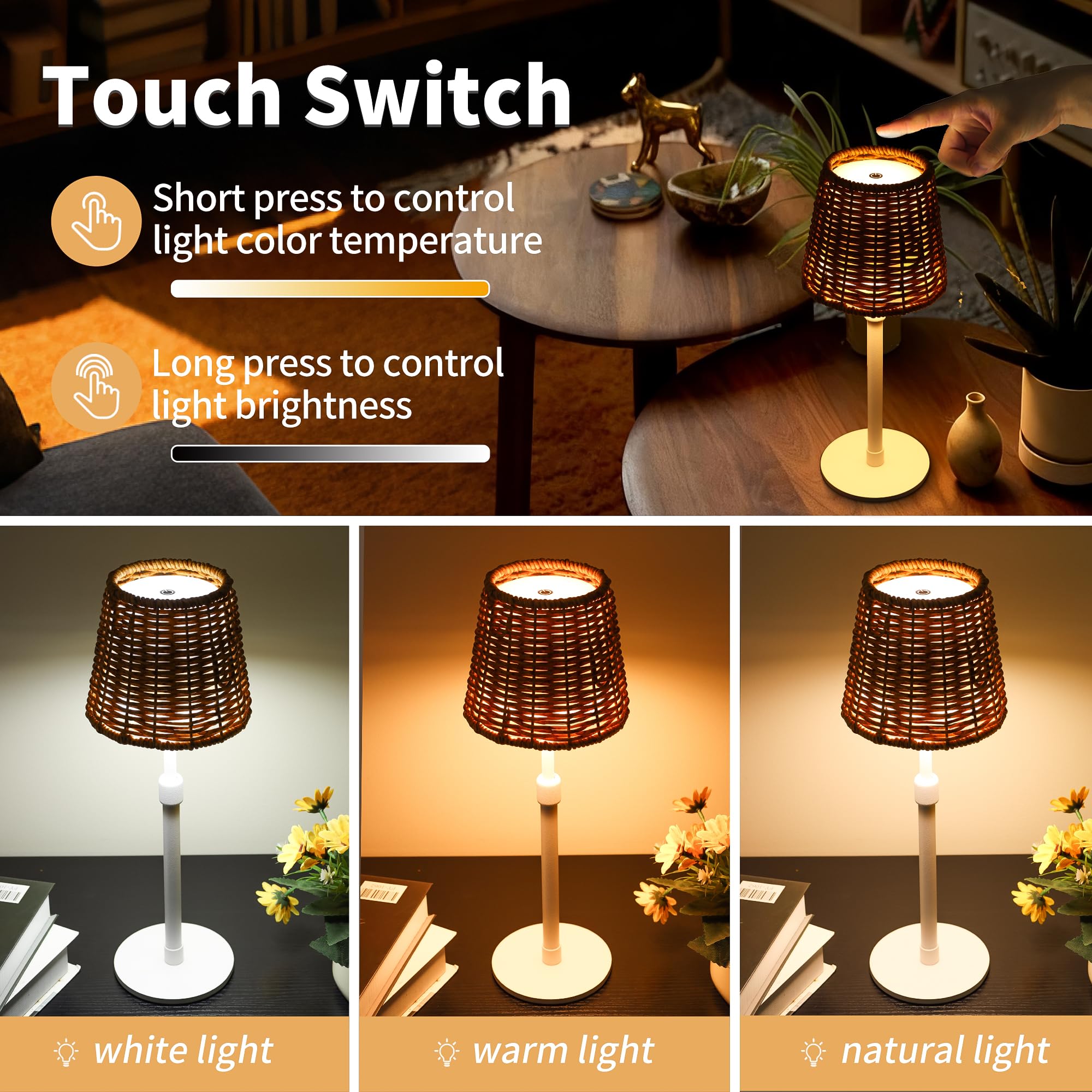 Mr.White Lampe de table d'extérieur étanche rechargeable sans fil avec abat-jour en osier, lampe de table à piles 5200 mAh avec poteau télescopique, pour terrasse, restaurant, cuisine (blanc)