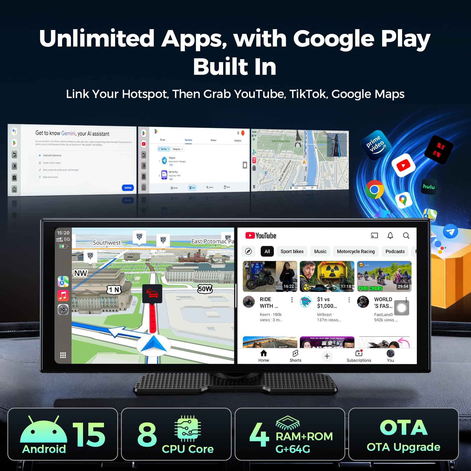 LAMTTO Wireless Carplay Android Auto Schermo per Auto con Google-Play Gemini AI,11 Pollici Car Play Display con Android 15/8-Core Senza Ritardi/Telecamera di Retromarcia/AirPlay/OTA/Navigazione/FM