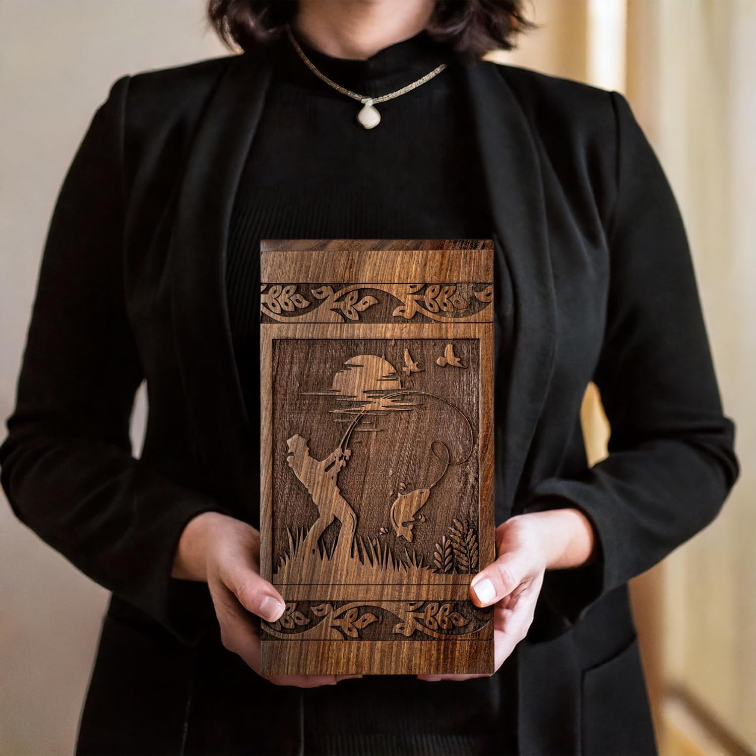 Wooden Cremation Urn for Human Ashes Adult – Fishing Theme, Up to 250 lbs Capacity Memorial Urn for a Loved One Who Loved The Outdoors, Decorative Burial & Home Display Urn for Men & Women. - Image 4