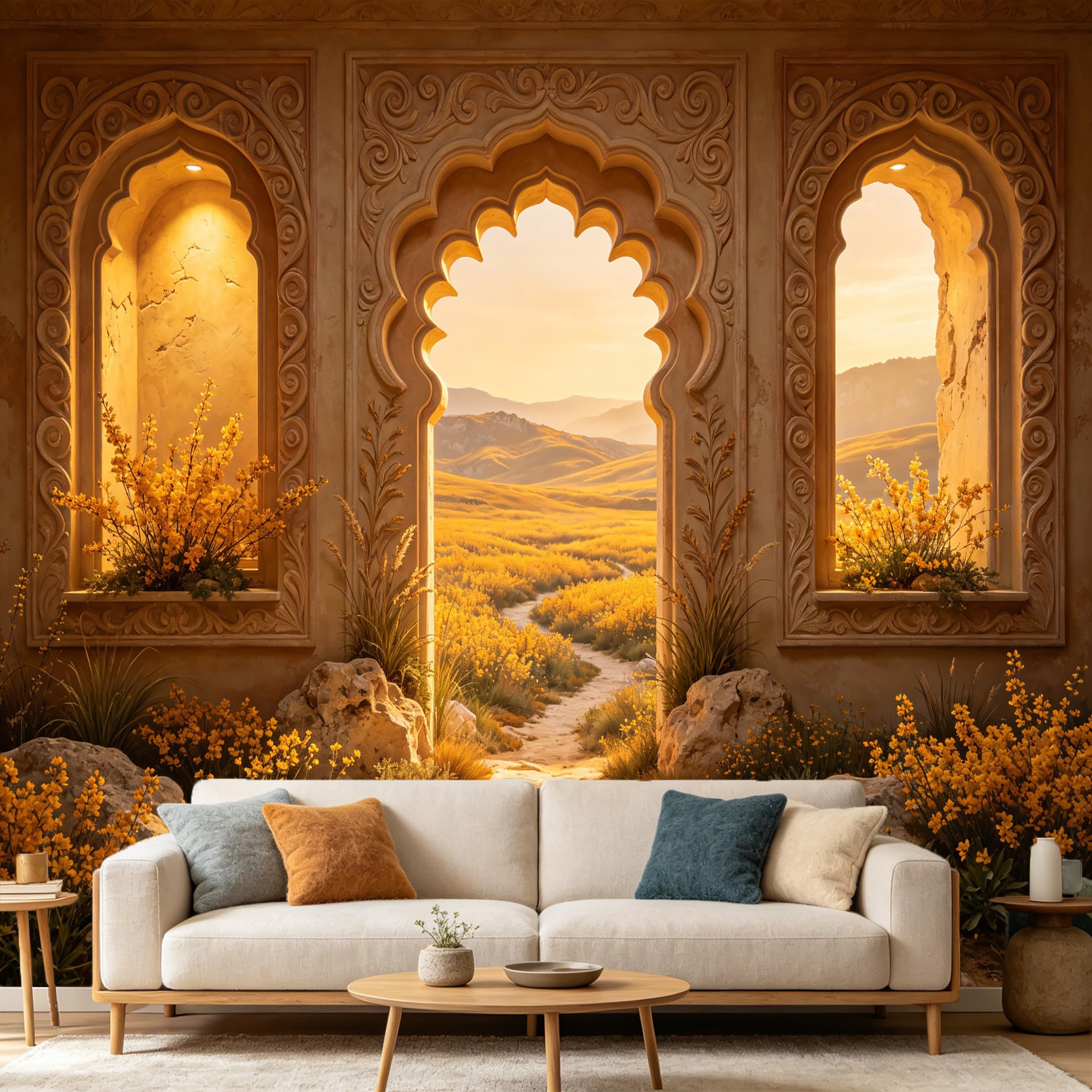 Custom Size Wall Mural， Mediterranean Stone Archway Golden Meadow Landscape 3D Trompe L'Oeil， SelfAdhesive Art Prints wall Fabric Removable Large Wallpaper Home Living Room Decor