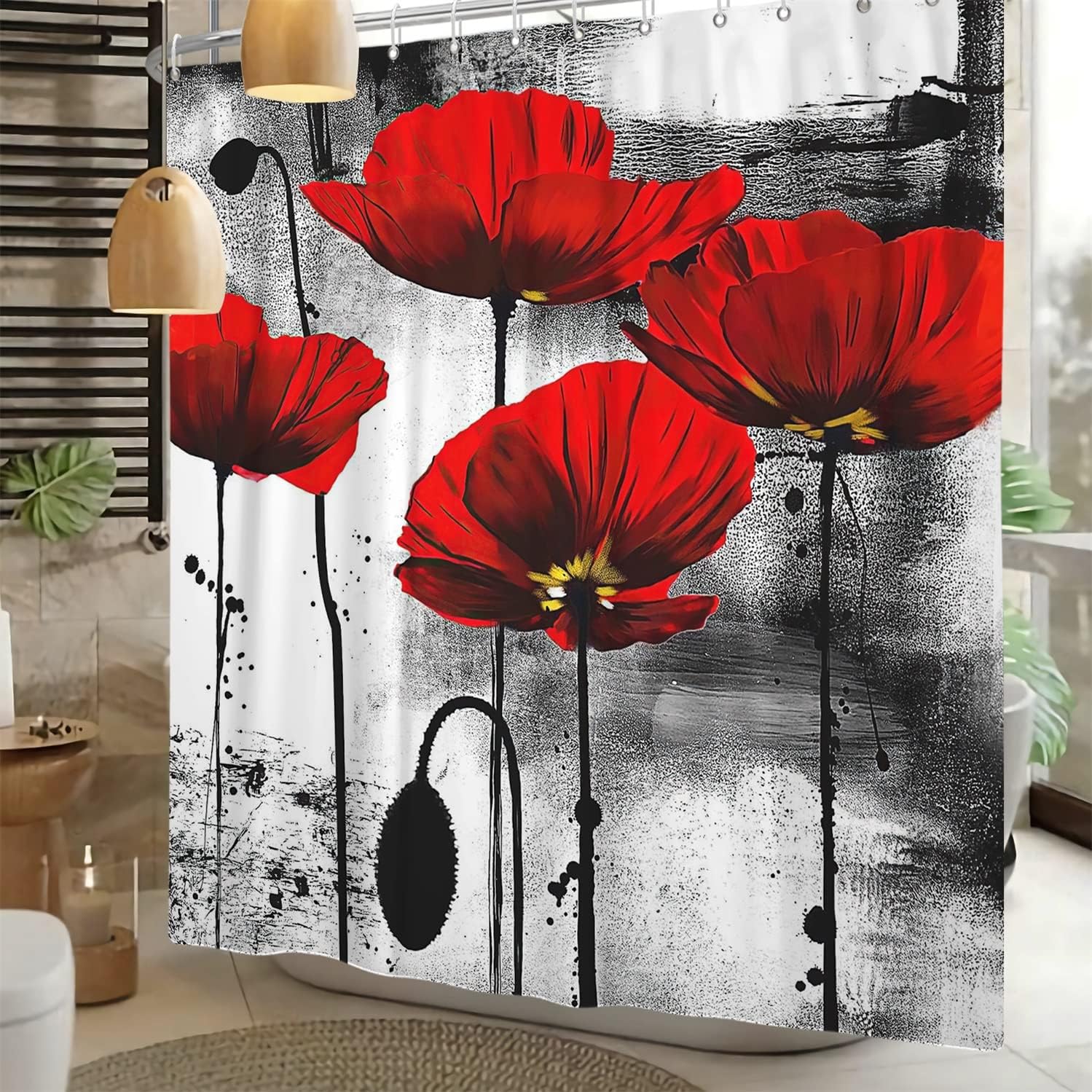 Baocicco Red Poppy Shower Curtain Red Flower Ink Painting Shower Curtains Decorative for Bathroom Dorm Black and White Vintage Waterproof Fabric Shower Curtain with Hooks 72x84 Inches