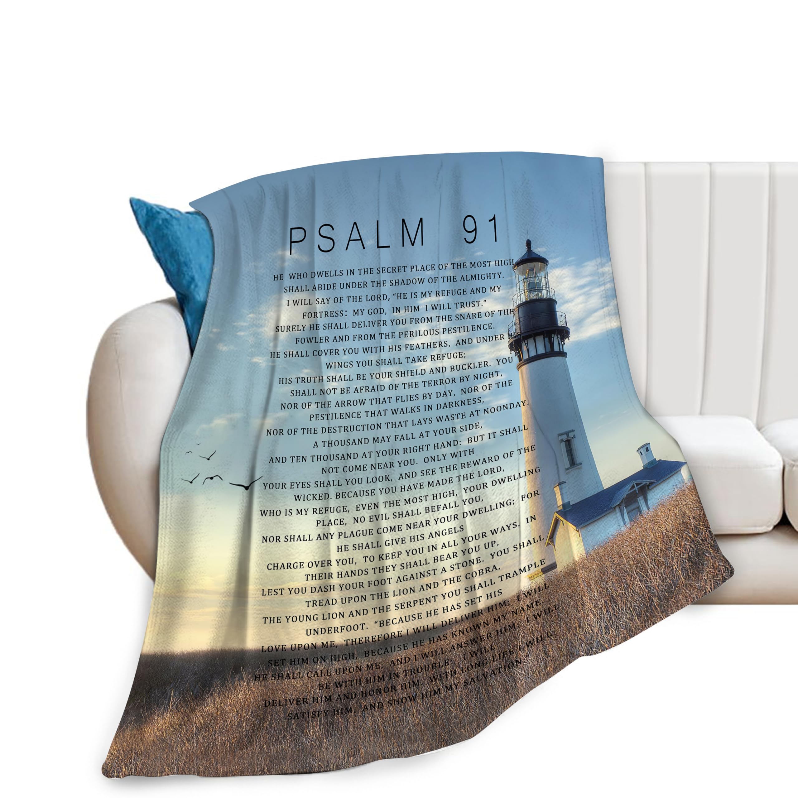 Psalm 91 Blanket Christian Lighthouse Gifts Religious Bible Verse Scripture Throw Blanket Comfy Plush Flannel Fleece Warm Soft Fluffy Fuzzy Blanket for Prayer Women Teens for Bed Sofa Couch 40"X50"